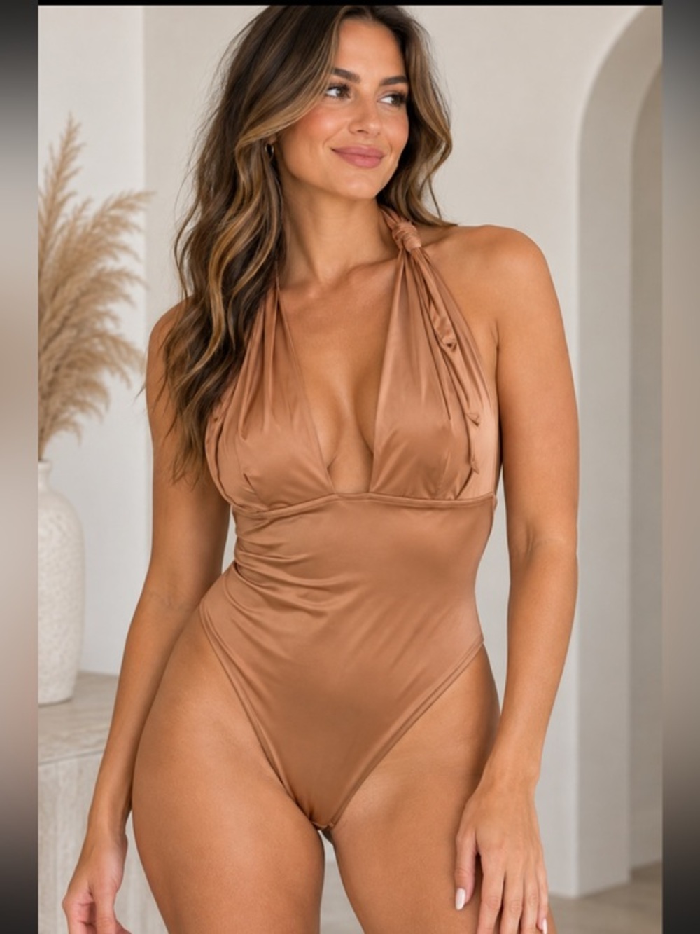 Club L London Size 24 Bronze Satin Halter Plunge Bodysuit